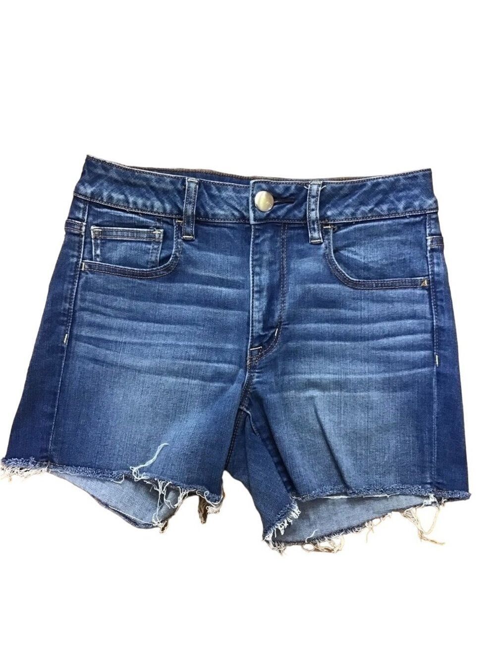 AEO hi-rise distressed shortie jeans shorts American Eagle Outfitters blue siz 4